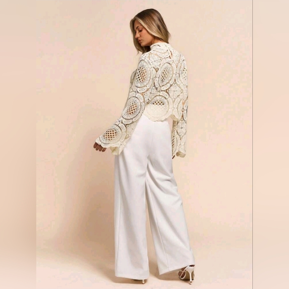 Glamine Long Sleeve StandCollar Water Soluble Flower Inlay Edge Sheer Hollow Top - Picture 2 of 7